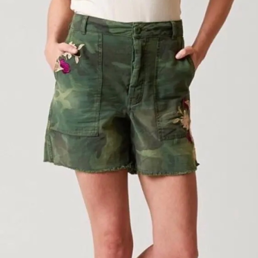 Free People Scout Camo Embroidered High Waisted Shorts